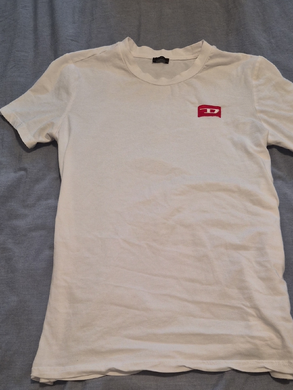 Diesel White Short-Sleeve Crewneck Tee with Red Logo Patch